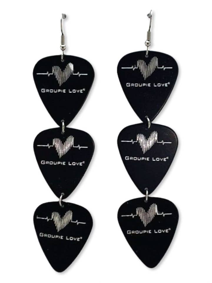 Groupie Love Black Silver Triple Guitar Pick Earrings for wholesale by Groupie Love