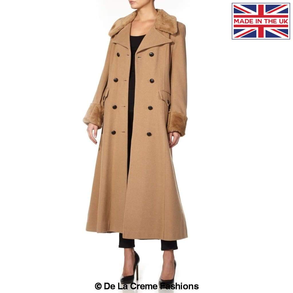 De La Creme Fashions - Venta al por mayor Abrigos de piel/piel sintética - Mujer - Abrigo maxi de mezcla de lana para mujer con cuello y puños de pelo sintético estilo militar8