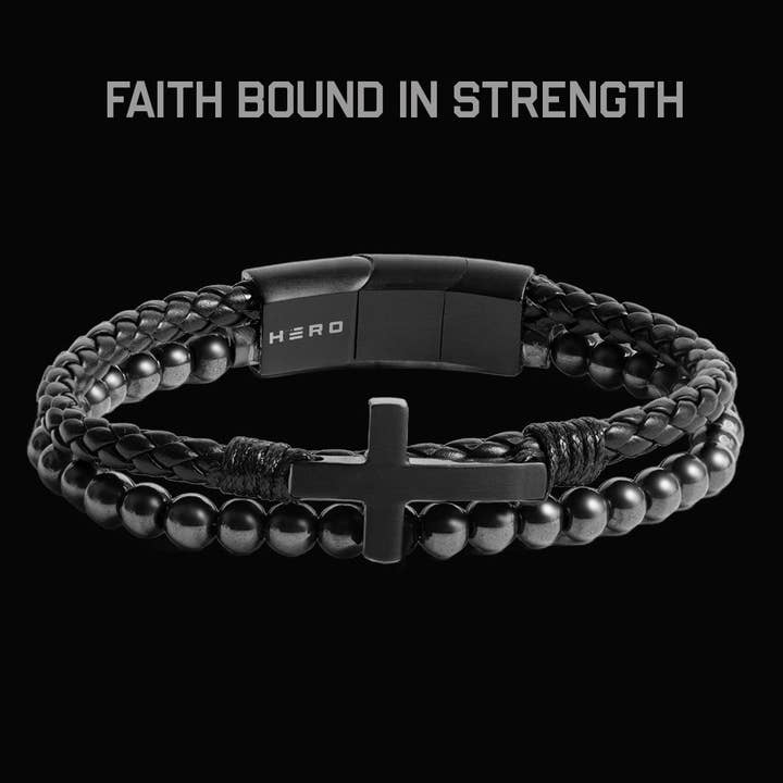 FIDES Cross Leather & Magnetic Hematite Titanium Bead Bracelet: Helps Pair Veterans With A Service Dog Or Shelter Dog -Faire for wholesale by The Hero Company