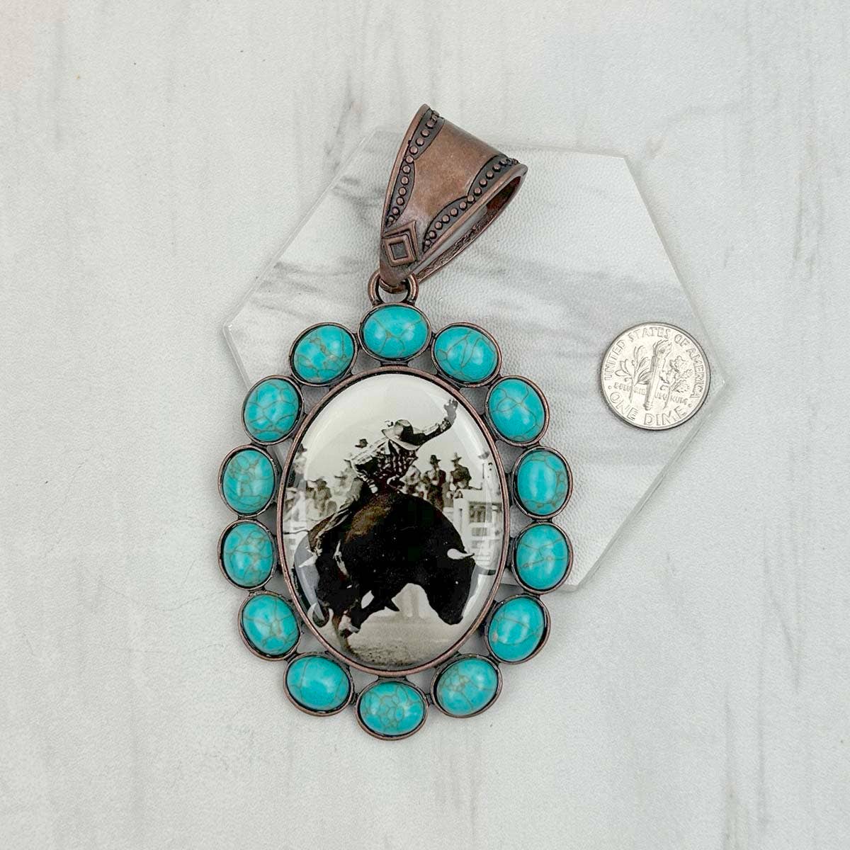 Western Elite Jewelry - Wholesale Individual Charm/Pendant - PD231210CP-33                 Copper metal with blue turquoise stone oval cowboy Pendent3