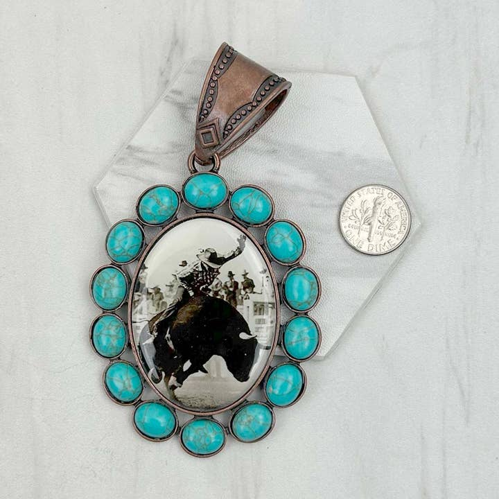 Western Elite Jewelry - Wholesale Individual Charm/Pendant - PD231210CP-33 Copper metal with blue turquoise stone oval cowboy Pendent3