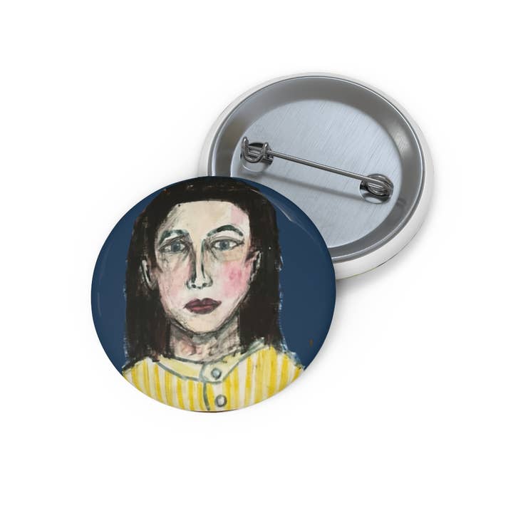 Round Button / Pin. Girl Yellow Stripes for wholesale by Blueberry Road Cards