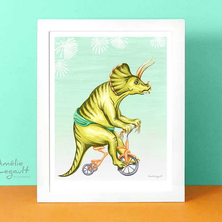 Impression artistique sur Triceratops chevauchant un tricycle pour la vente par Sardines Studio
