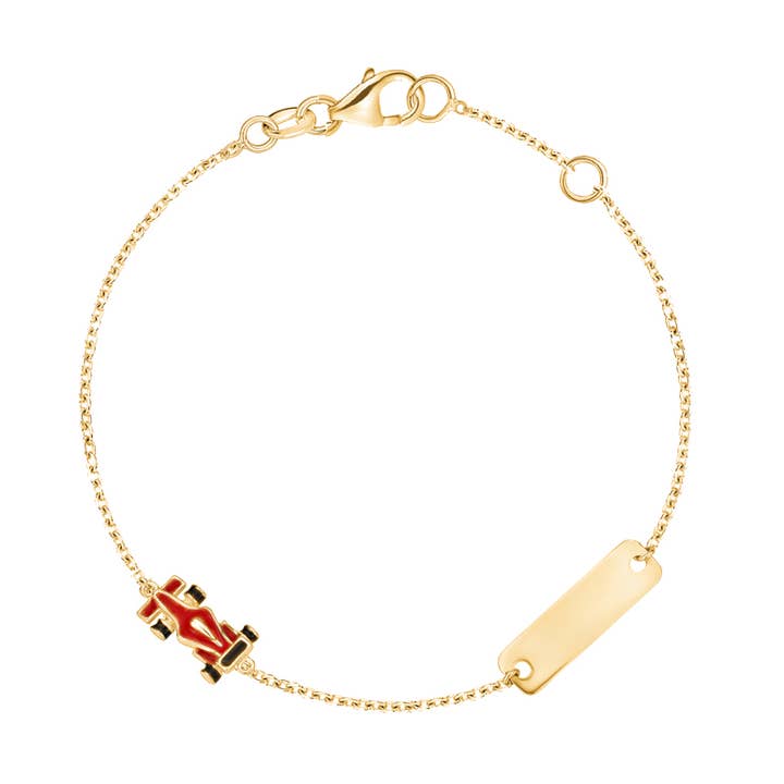14K Yellow Gold Kids Girls Boys ID Bracelet Racing Car Charm for wholesale by Massete