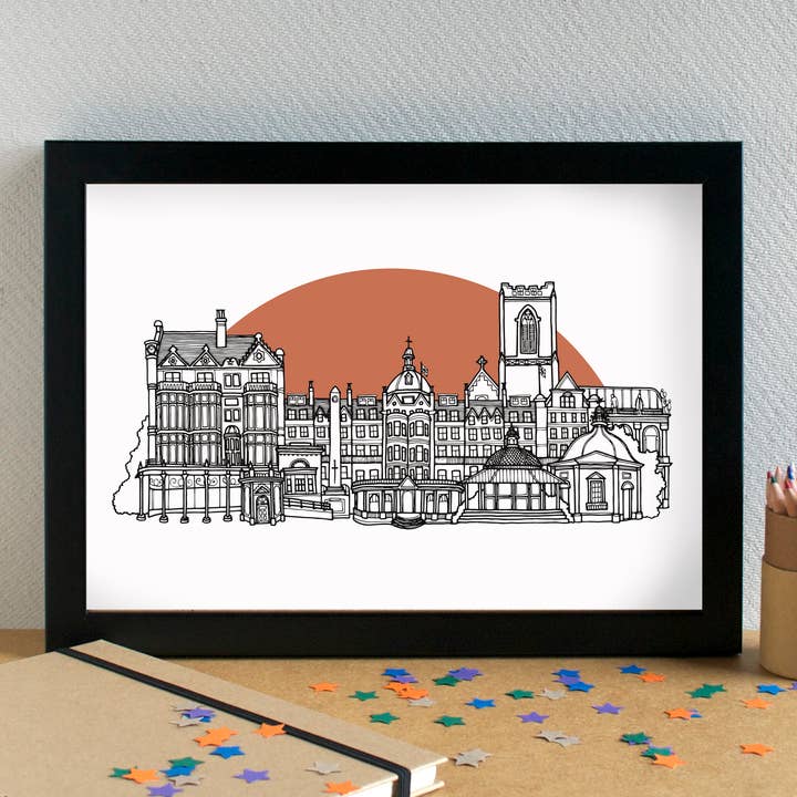 Harrogate Skyline Landmarks Art Print - unframed for wholesale by Becka Griffin Illustration