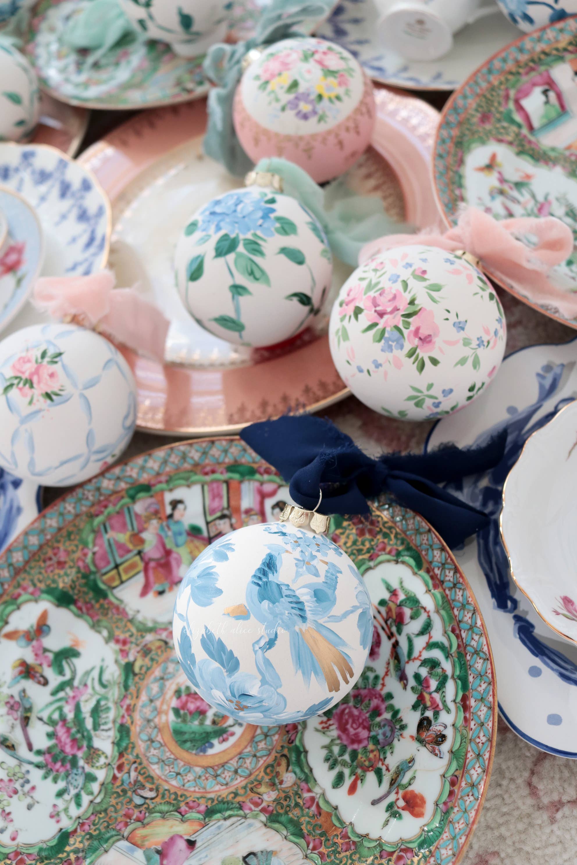 Elizabeth Alice Studio - Wholesale Ornament - Peacock and peony hand-painted ornament1