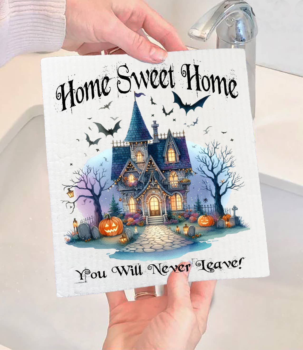 Avery Lane Gifts - Wholesale Dishcloth - Halloween Mansion Home Sweet Home Swedish Dishcloth0