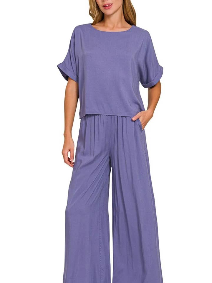 Zenana Round Neck T-Shirt and Wide Leg Pants Set for wholesale by Queenado