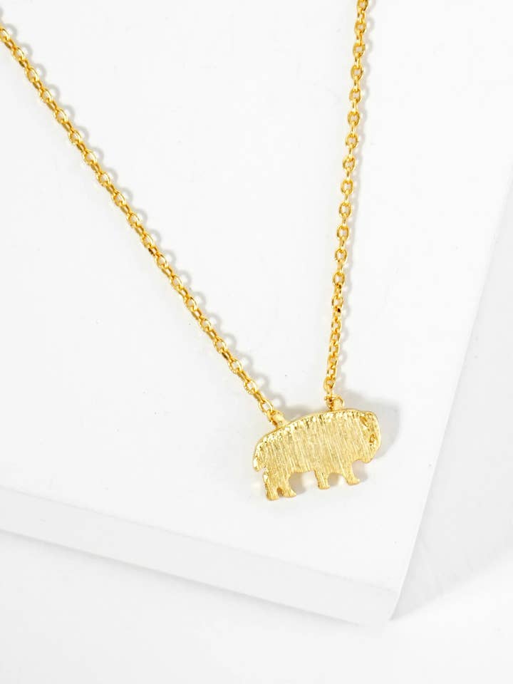 18K Gold Dipped Brushed Brass Buffalo Pendant Necklace for wholesale by Wild Honey
