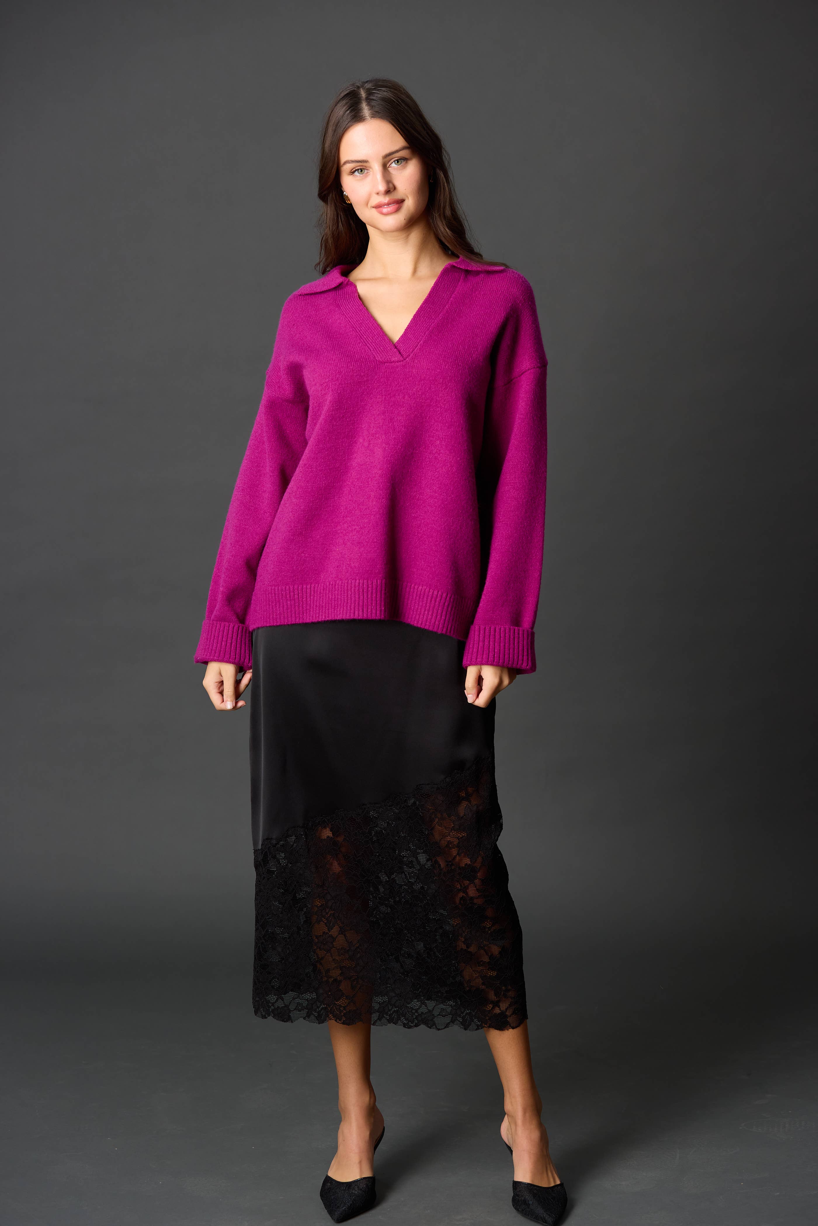 Dark Raspberry Knit Collared V Neck Ribbed Border Sweater Top	 for wholesale on Faire4