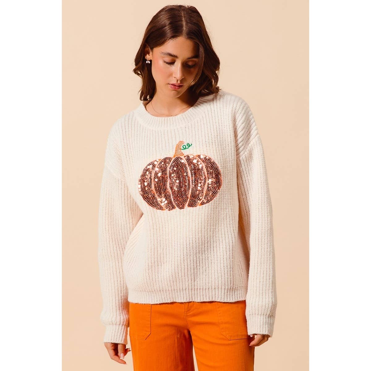 OATMEAL Sequin Pumpkin Halloween Thanksgiving Sweater Top for wholesale on Faire2