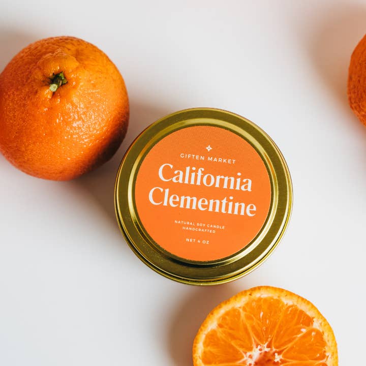 California Clementine Soy Candle - 4oz Gold Travel Tin for wholesale by Giften Market