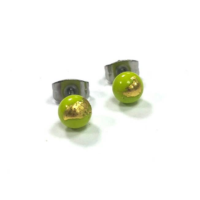 Lime Green and Gold Handmade Glass Stud Earrings for wholesale by Helen Chalmers