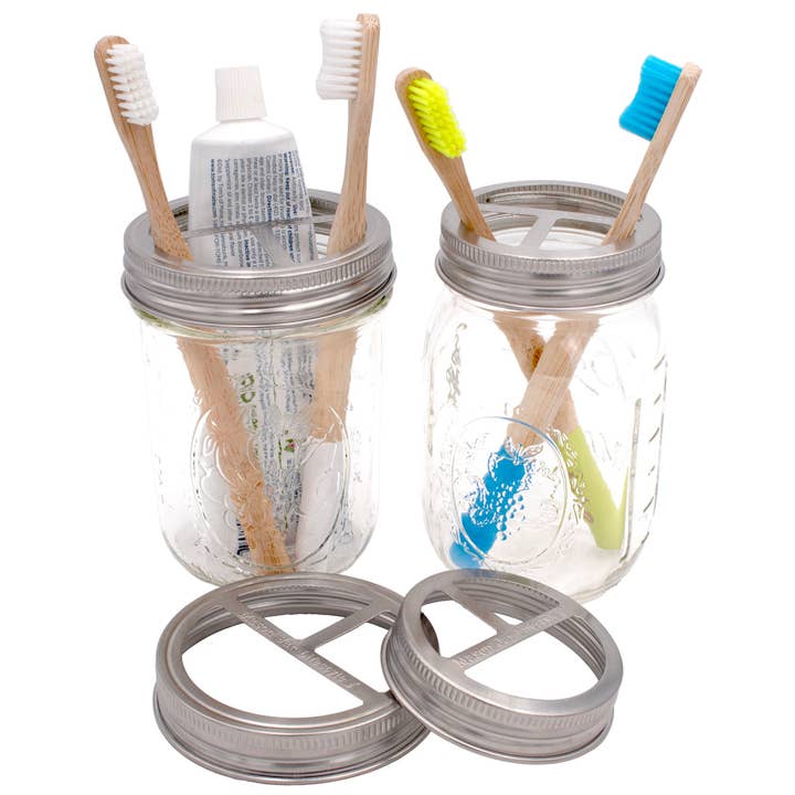 Couvercle en acier inoxydable pour porte-brosse à dents pour bocaux Mason pour la vente par Mason Jar Lifestyle