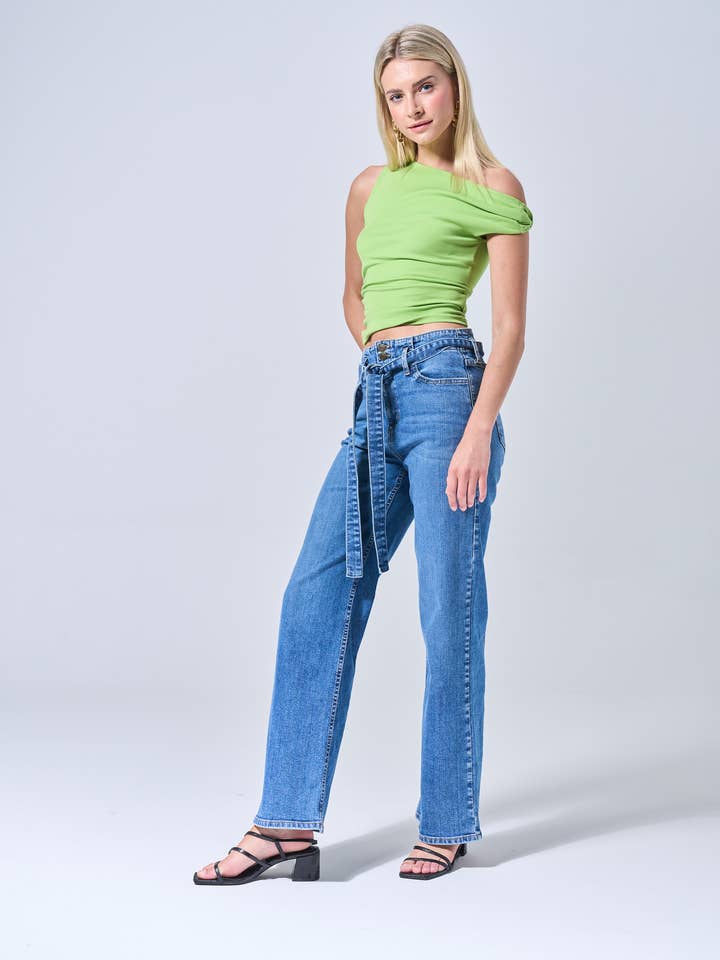 MEDIUM DARK ★NEW★ HIGH RISE WIDE LEG BELTED JEANS for wholesale on Faire