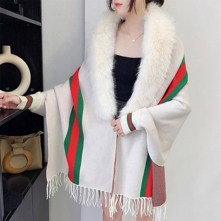 Ole - Wholesale Wrap - Women's - Striped Fur Collar Tassel Shawl S01844