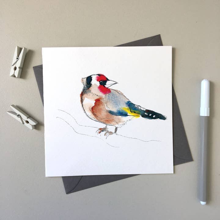 Goldfinch - Veronica's Garden Birds hand-drawn greeting card for wholesale by SJ. Vickery Designs Ltd.