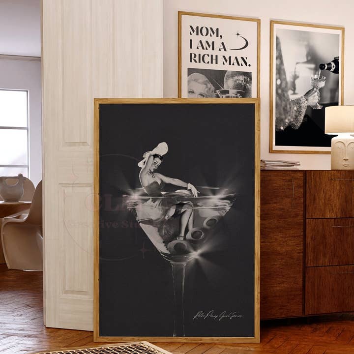 CLM Creative Studio - Wholesale Art Print - Retro Pinup Girl & Martini Glass Monotone Wall Art Print