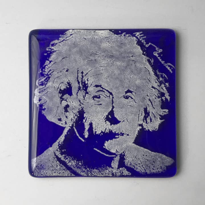 Albert Einstein Fused Glass 4" Single Coaster for wholesale by Kiku Handmade | Contemporary Fused Glass Home Goods