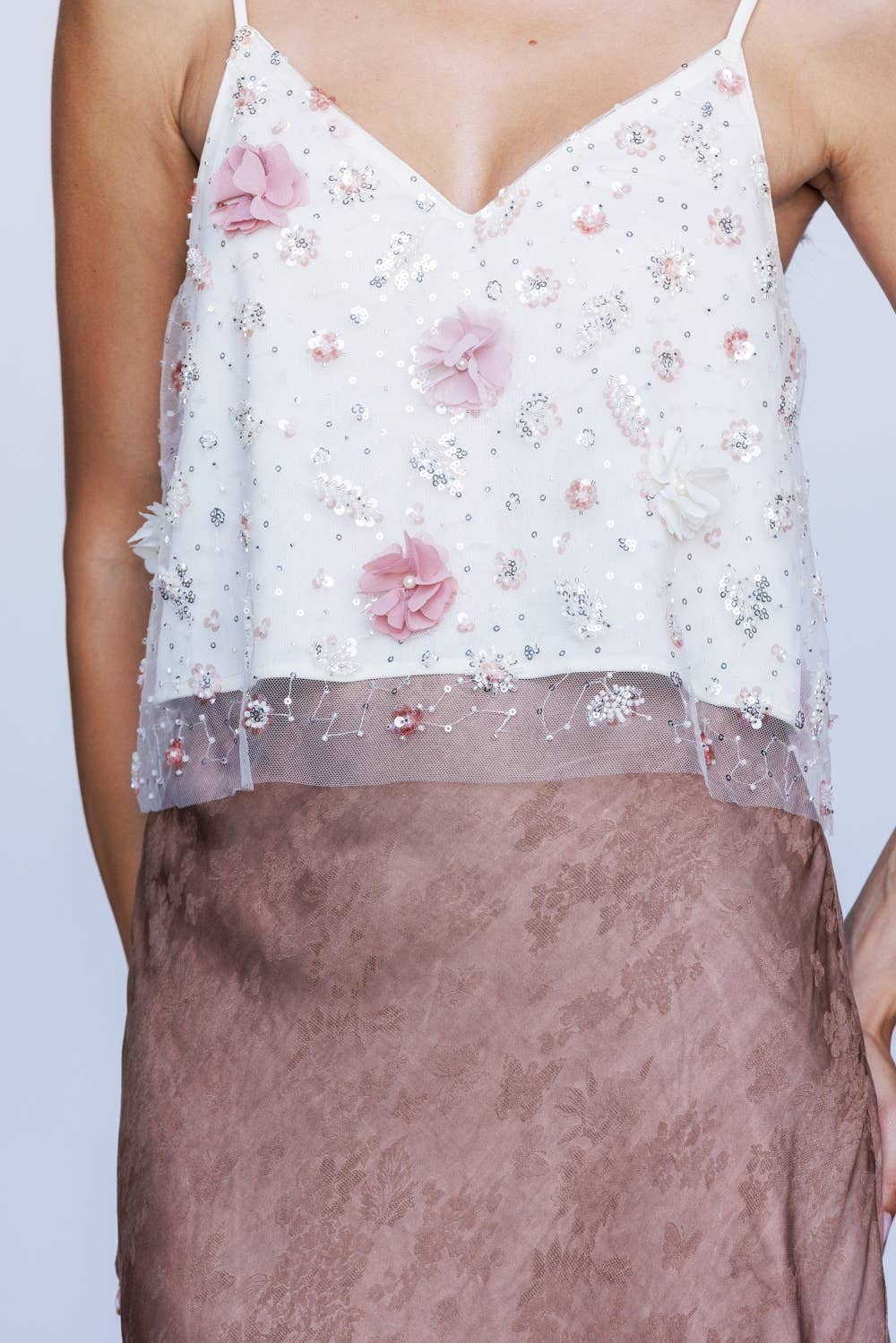 IVORY PINK FL SDJT9998-3D FLORAL SEQUIN MESH TOP for wholesale on Faire6