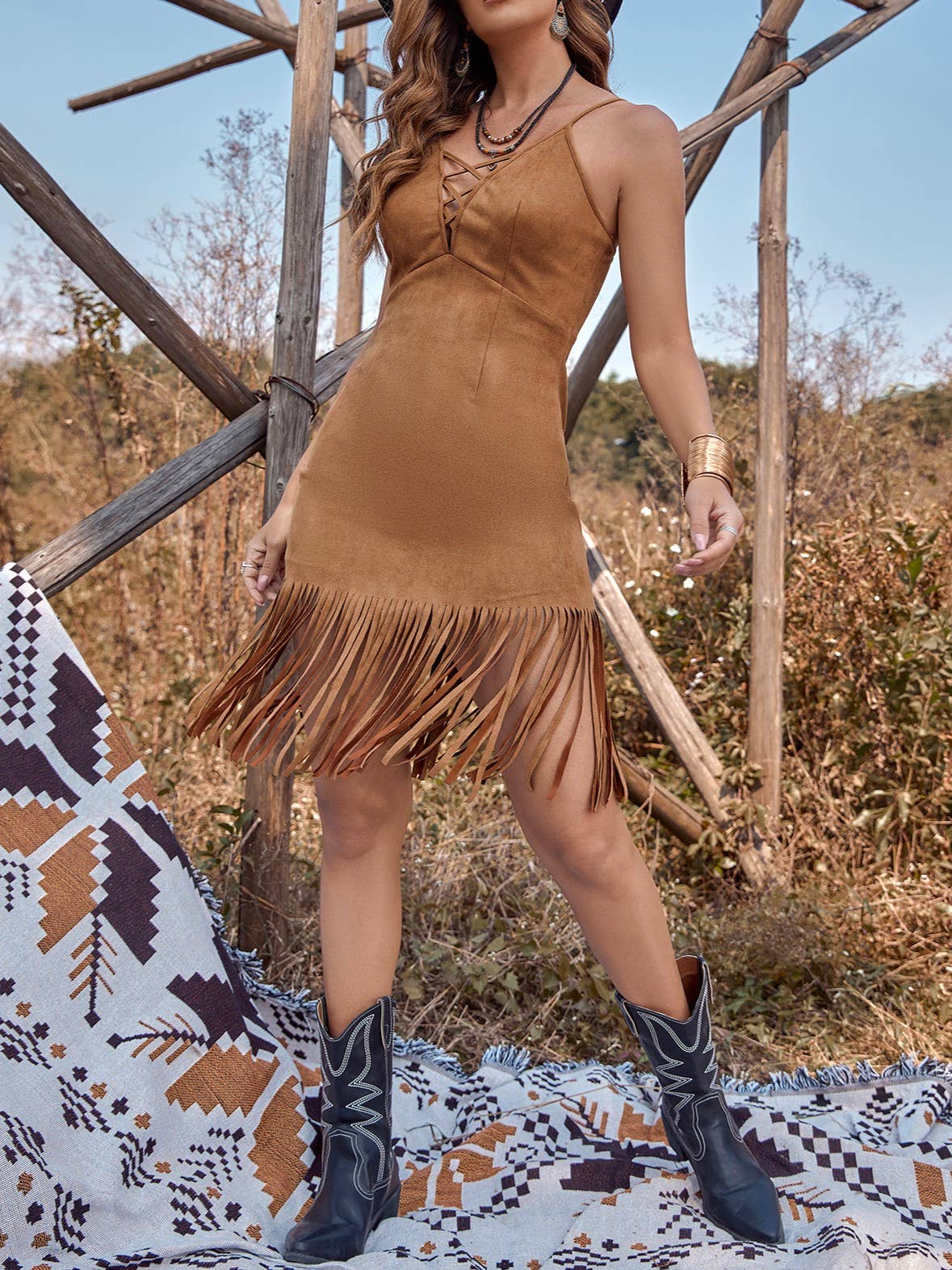 Camel Rustic Faux Suede Western Fringe Cowgirl Dress for wholesale on Faire1