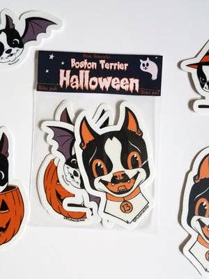 Autocollants d'Halloween en vinyle Boston Terrier pour la vente par Brian Rubenacker studios
