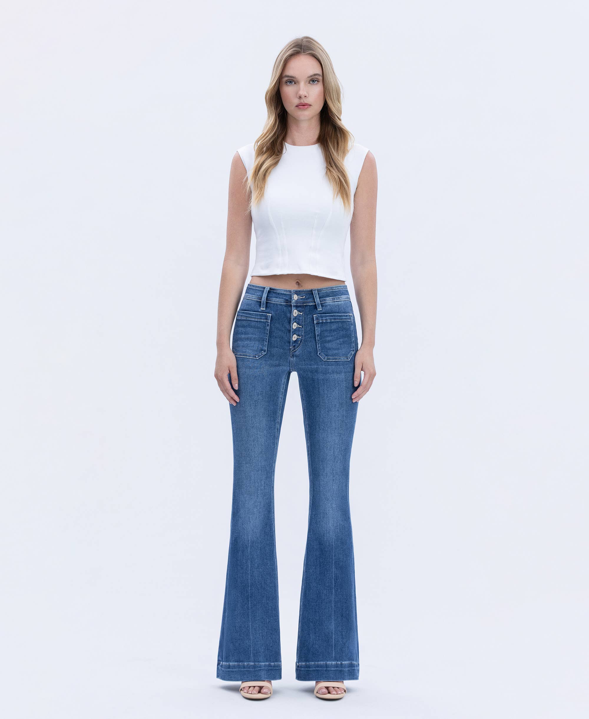 GLEEFULLY MID RISE BUTTON FLY TROUSER HEM FLARE JEANS T5848 for wholesale on Faire3