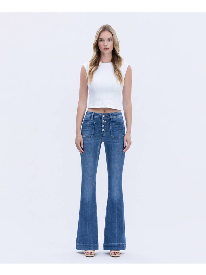 GLEEFULLY MID RISE BUTTON FLY TROUSER HEM FLARE JEANS T5848 for wholesale on Faire3