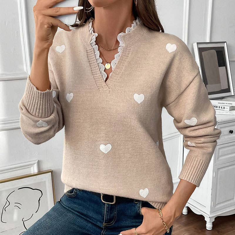 LIGHTKHAKI Valentine's Day lace V-neck love jacquard pullover sweater for wholesale on Faire1