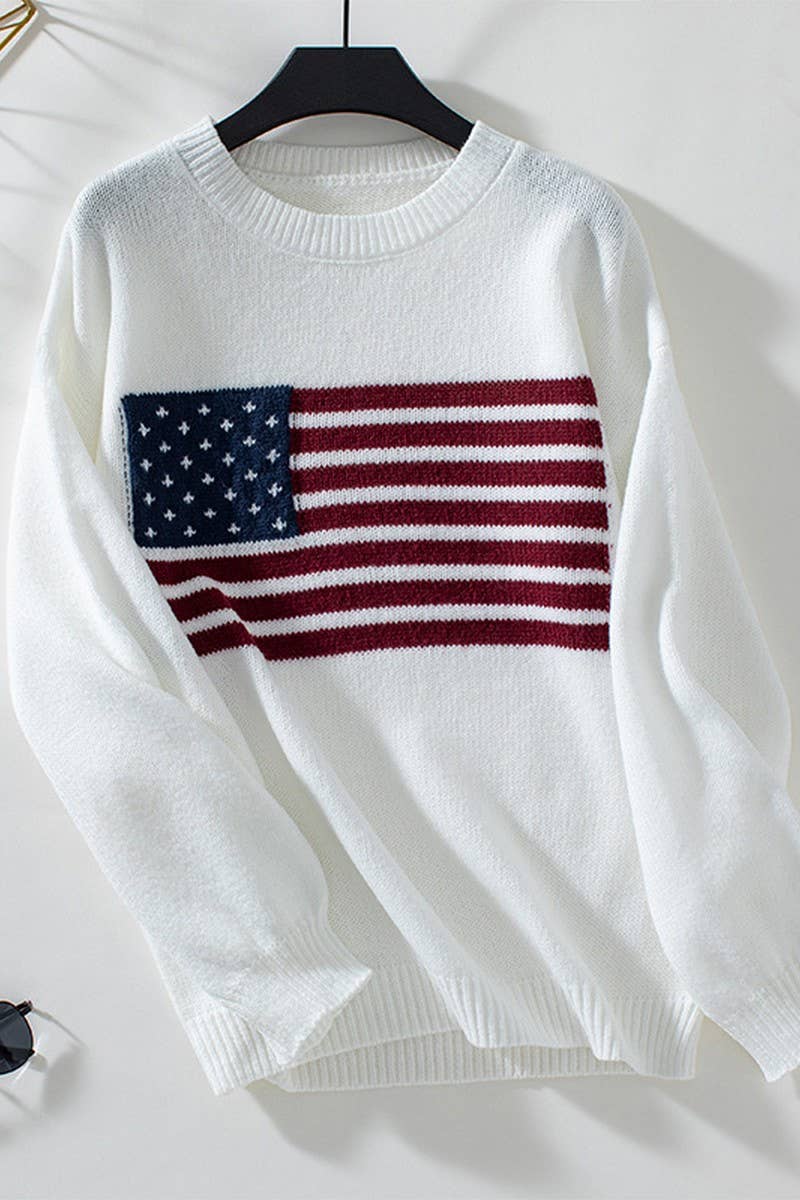 WHITE CWOSWL5753_AMERICAN FLAG LOOSE FIT CREWNECK SWEATER for wholesale on Faire5