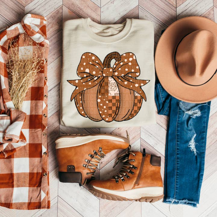 K and M Designs - Wholesale Sublimation Transfer - Patchwork Pumpkin Bow DTF Transfer