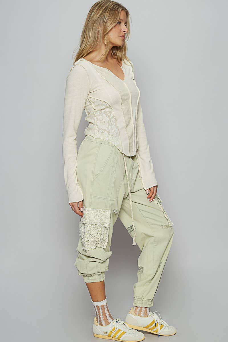 Pol Clothing - Wholesale Jeans - Women's - Tie waistband contrast crochet cargo pockets denim joggers16