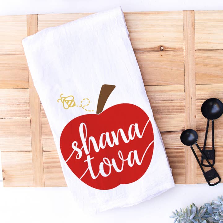 Designing Moments - Wholesale Tea Towel - Shana Tova Apple and Bee Jewish Holiday Kitchen Hand and Dish Towel