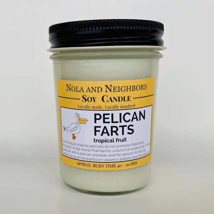 Pelican Farts, tropical fruit scented soy candle for wholesale by Nola and neighbors