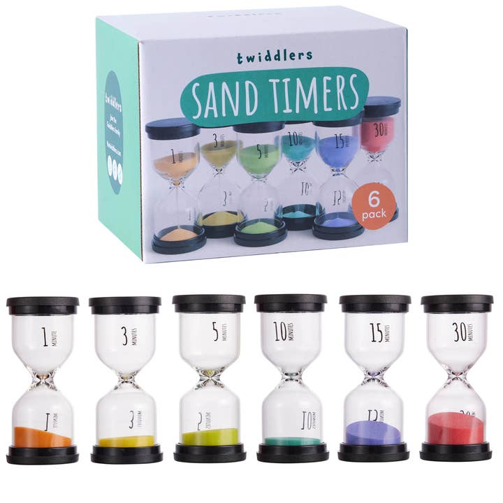 6 Sand Hourglass Clock Timers - 1,3,5,10,15 & 30 Minutes for wholesale by The Twiddlers