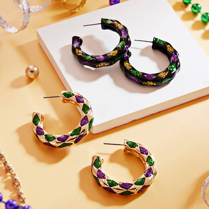 Glitzernde Creolenohrringe Hoops Mardi Gras für den Großhandel von Sensibling Corp.