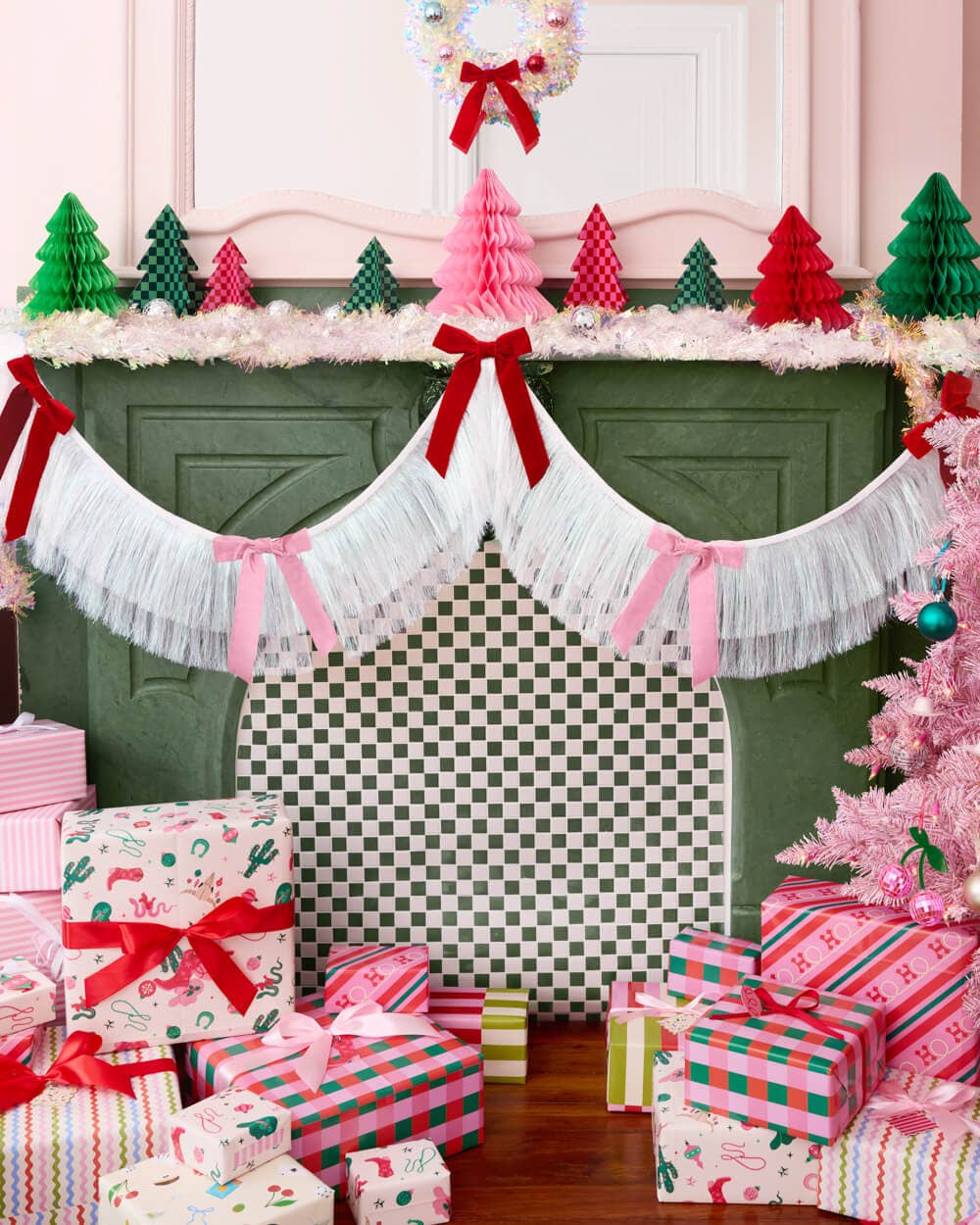 xo, Fetti - Wholesale Banner - Bow Bliss Banner - layered fringe + velvet bows, pink, 6 ft