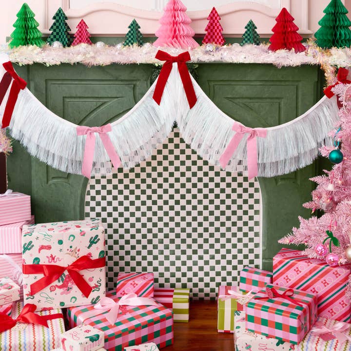 xo, Fetti - Wholesale Banner - Bow Bliss Banner - layered fringe + velvet bows, pink, 6 ft