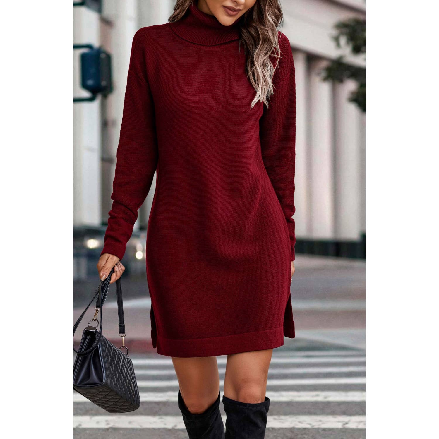WINE Knit Solid Turtleneck Midi Sweater Dress for wholesale on Faire0