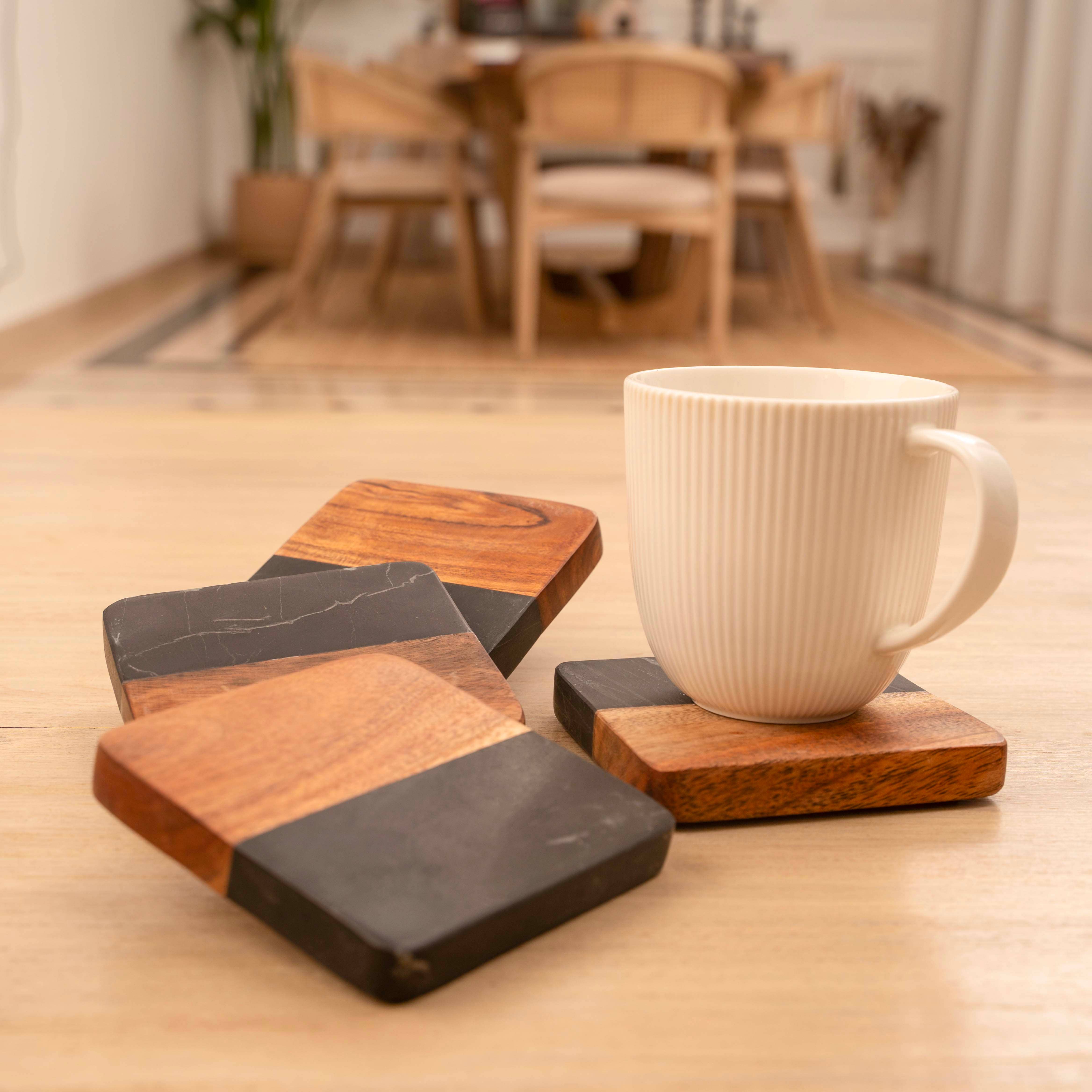 LuxeDesigns Co LLC - Wholesale Coasters - Artisan Marble and Wood Square Coaster Set of 4 - Black4