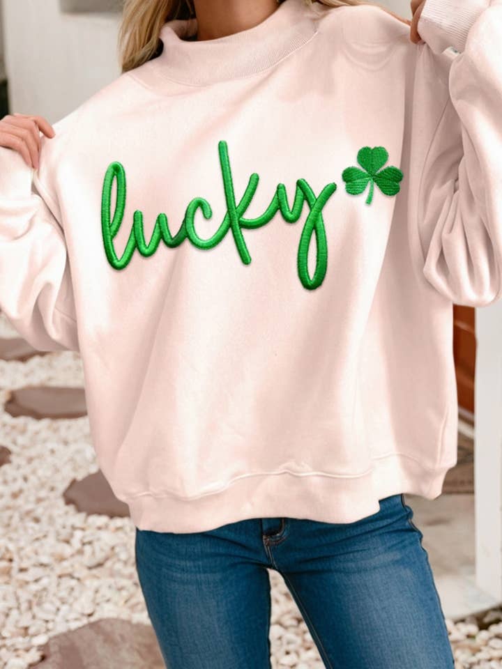 LDC Lucky Embroidered Mock Neck Sweatshirt for wholesale by Little Daisy Closet