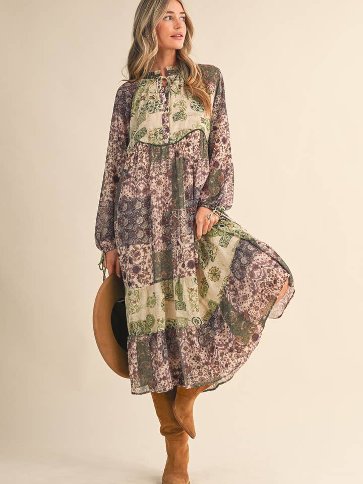 &MERCI - Wholesale Dress - Women's - PATCHWORK PRINT MIDI DRESS MDR44309