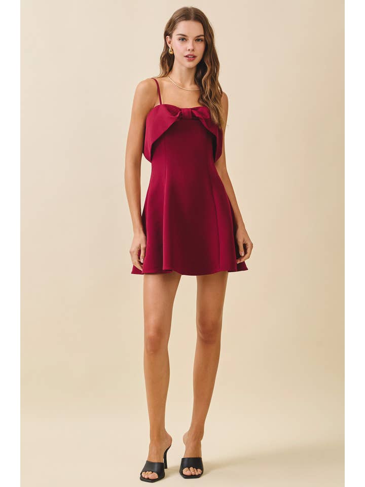 Burgundy CD06248-Oversized Front Bow Detail Fit And Flare Dress for wholesale on Faire4