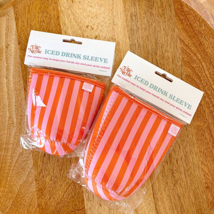 Elle Nicole - Wholesale Drink Huggers & Koozies - Coffee Cup Cover - Pink & Orange Stripes - Iced Drink Sleeve