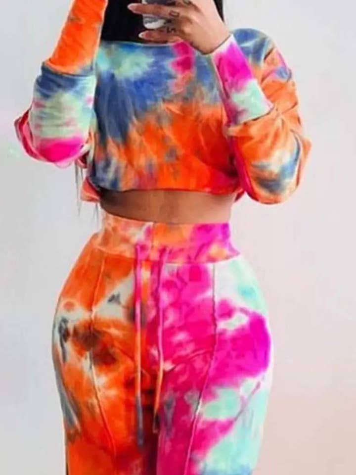 MULTICOLOR tie dye print top drawstring flared pants set for wholesale on Faire0