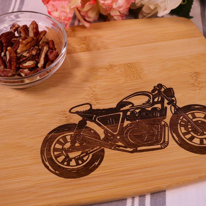 Motorcycle Engraved Bamboo Cutting Board for wholesale by Rustic Cedar Co