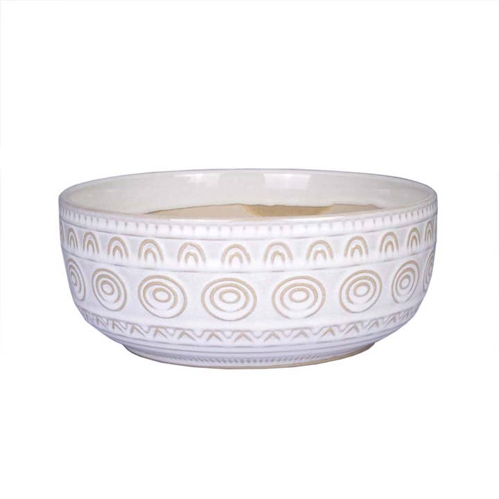 Jardinera blanca de gres de 8 pulgadas en D con diseño circular repetido para venta al por mayor de Drew Derose Design