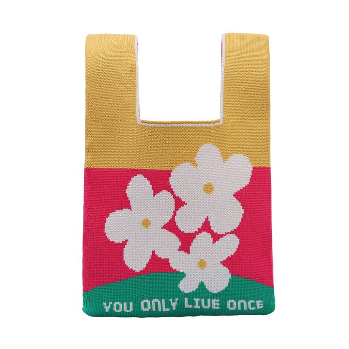 Mini 'You Only Live Once' Flower Knit Tote Bag for wholesale by Selini New York