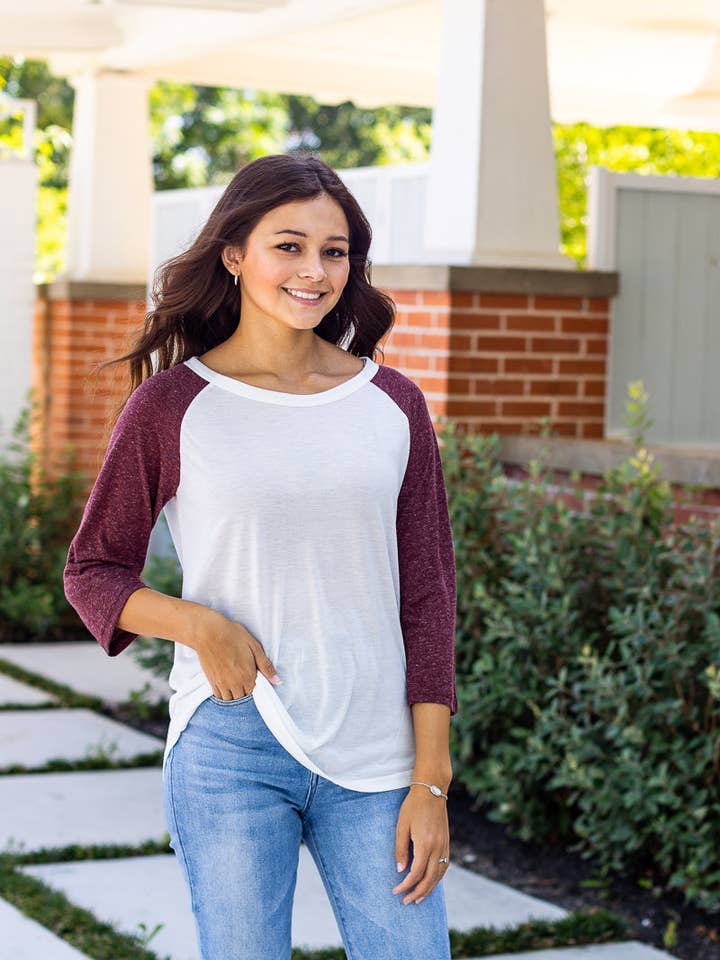 MRN White 3/4 Tee with Maroon Sleeves for wholesale on Faire1