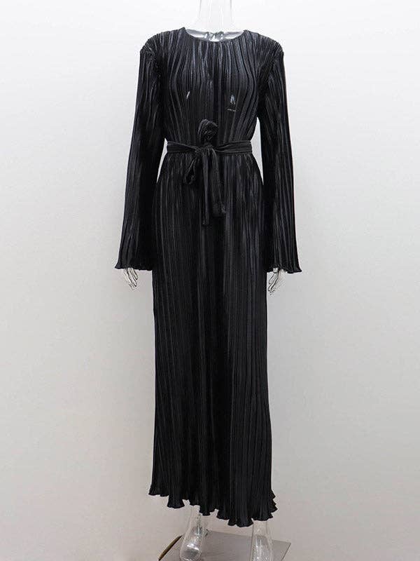 StyleGalX – Engroshandel Kjole - Dame – Blussede ærmer Lange ærmer Plisseret ensfarvet Maxikjoler med rund hals9